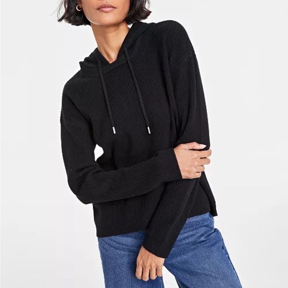Black Cozy Ribbed Hoodie Sweater - Women